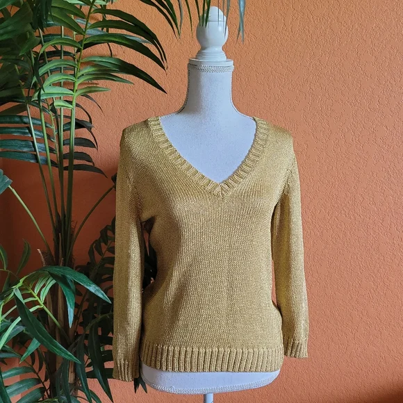 LAUREN Ralph Lauren Gold Metallic V Neck Nautical Sweater 3/4 Sleeve M - Picture 10 of 10